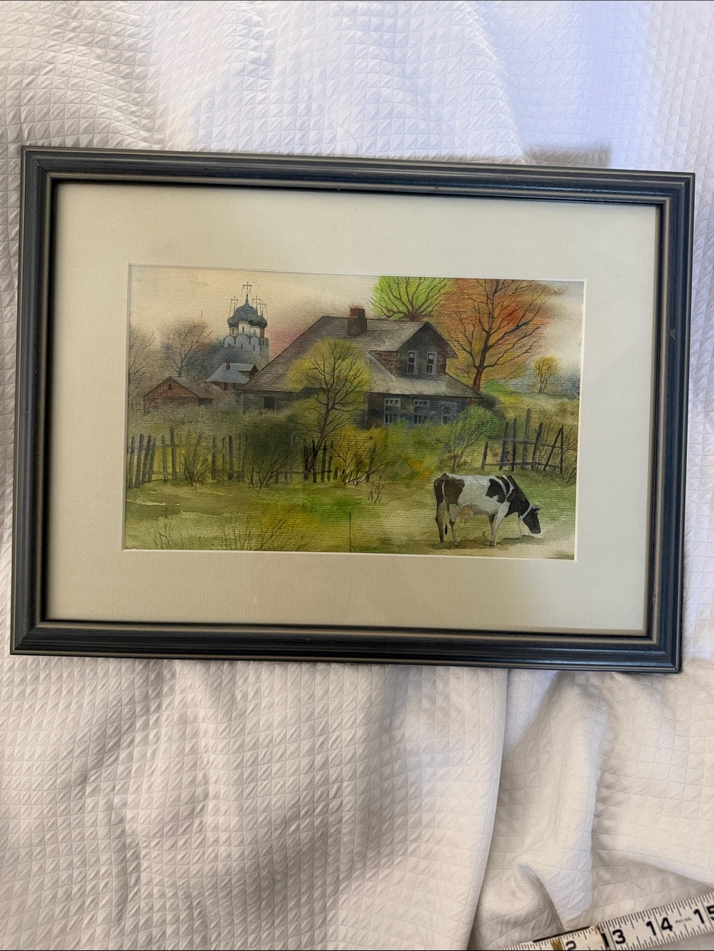 Original Framed Pastoral Farmhouse Watercolor. Vintage 80s